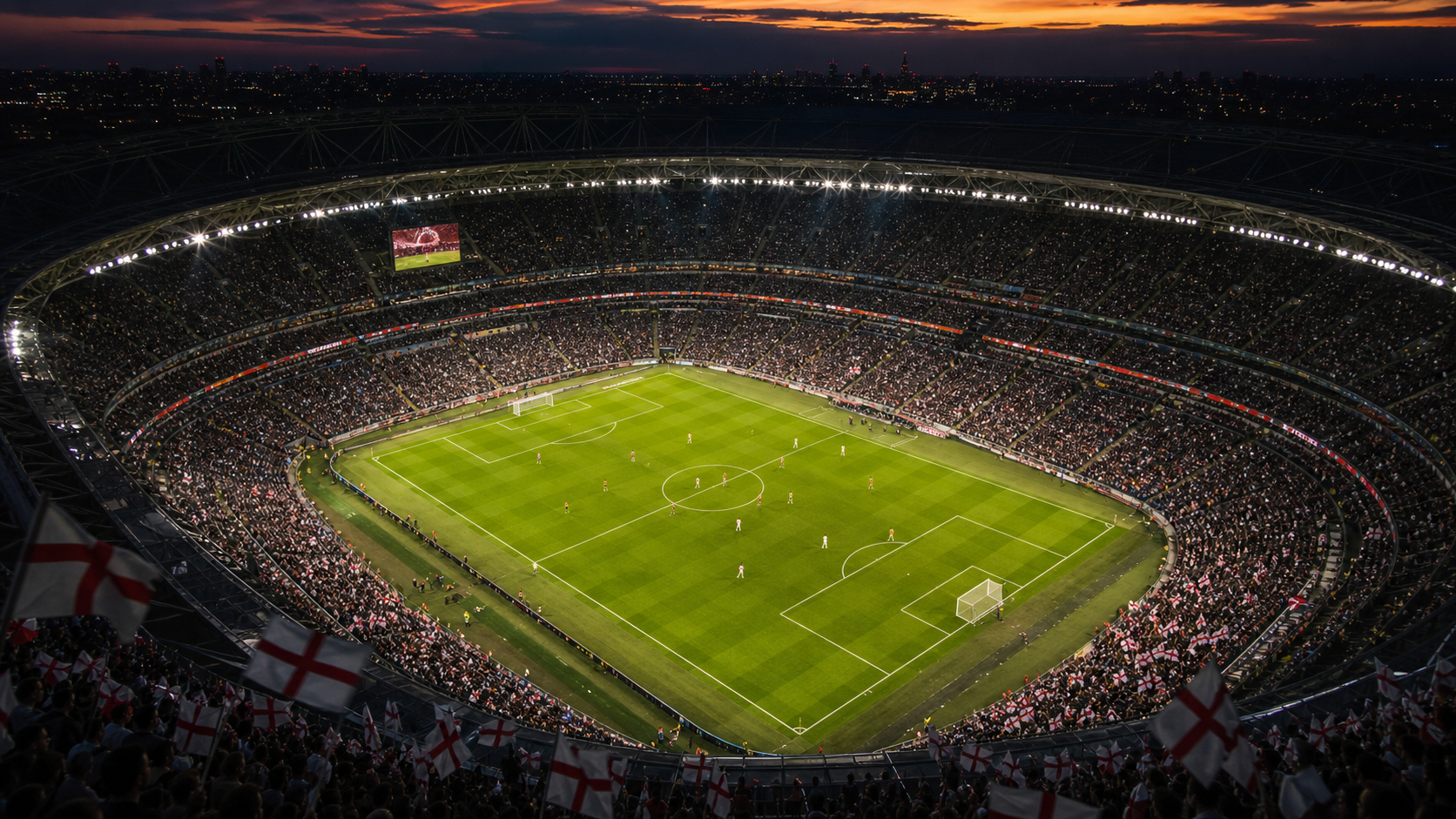 International football stadium at dusk
